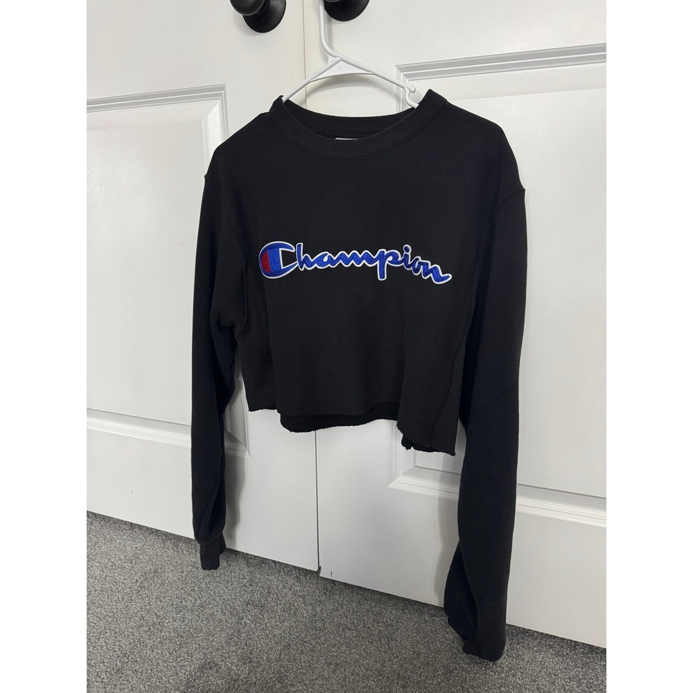Champion Reverse Weave Crop Sweatshirt Black Oversized Crewneck Small
